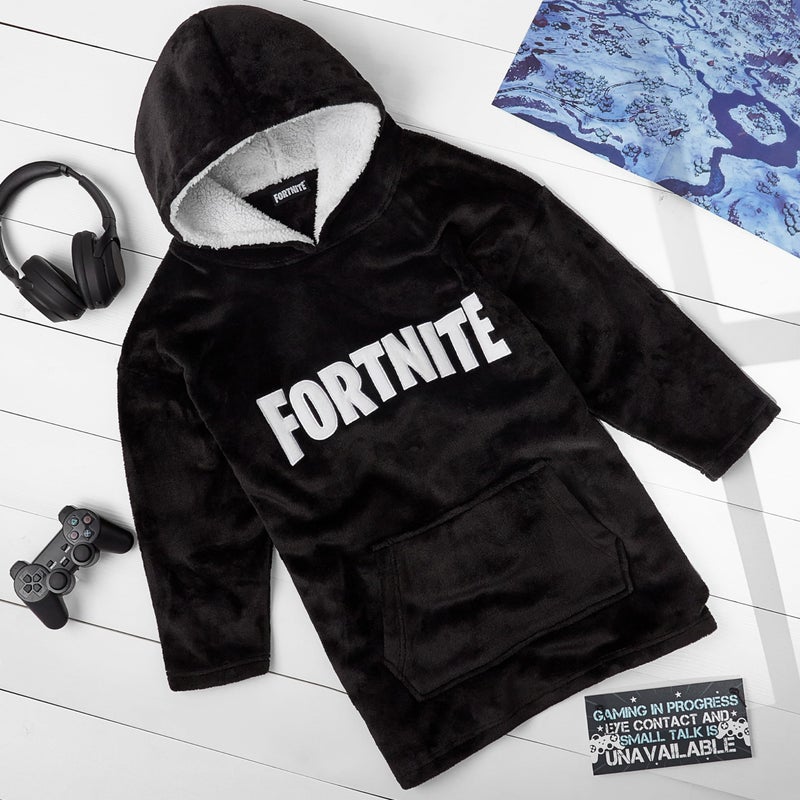 FORTNITE بطانية هودي فورتنايت هدايا للأولاد والمراهقين، سترة فليس كبيرة مع غطاء رأس مبطن بشيربا، بطانية قابلة للارتداء للاعبين (طباعة سوداء للأطفال) - Image 4